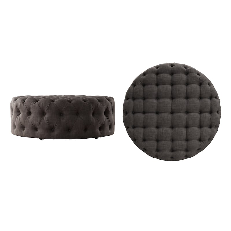 Gdansk Round Tufted Ottoman with Casters - Dark Grey Linen