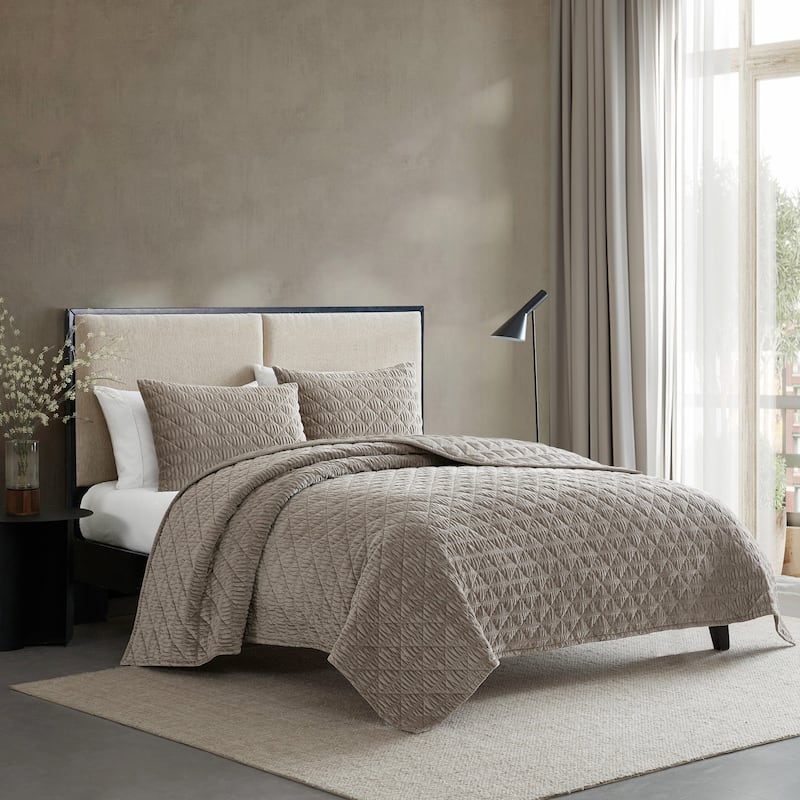 Vera Wang Solid Crushed Velvet Brown Reversible Quilt Set