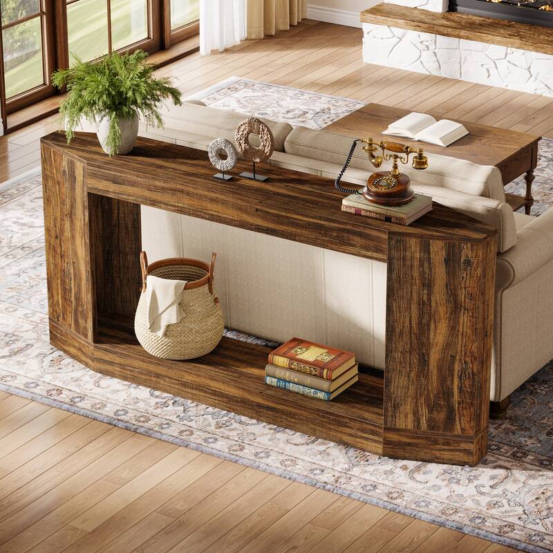  63" Light Wood Console Table with LED & Outlet, Sofa Table - Large