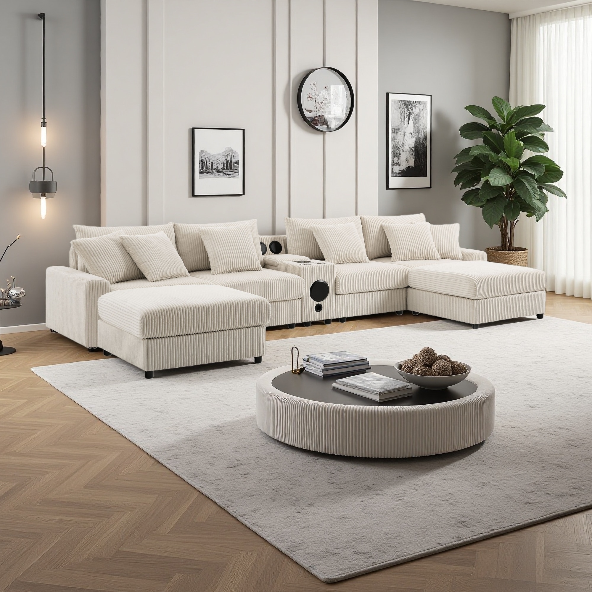 141.5" Corduroy U-Shaped Sectional Sofa with Bluetooth Speakers, Console and Ottoman