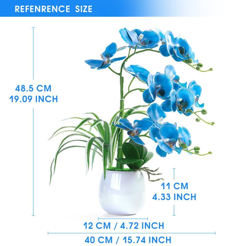 Artificial Orchid Plants and Flowers with Vase, Fake Faux Orchid in Ceramic Pot,19", Blue