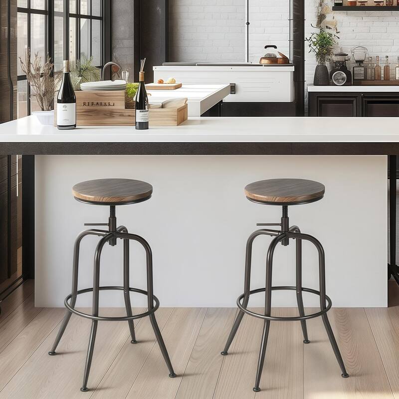 Homy Casa Set of 2 Adjustable Height Industrial Bar Stools with Swivel Wood Seat-Ideal for Kitchen Islands and Home Bars - N/A