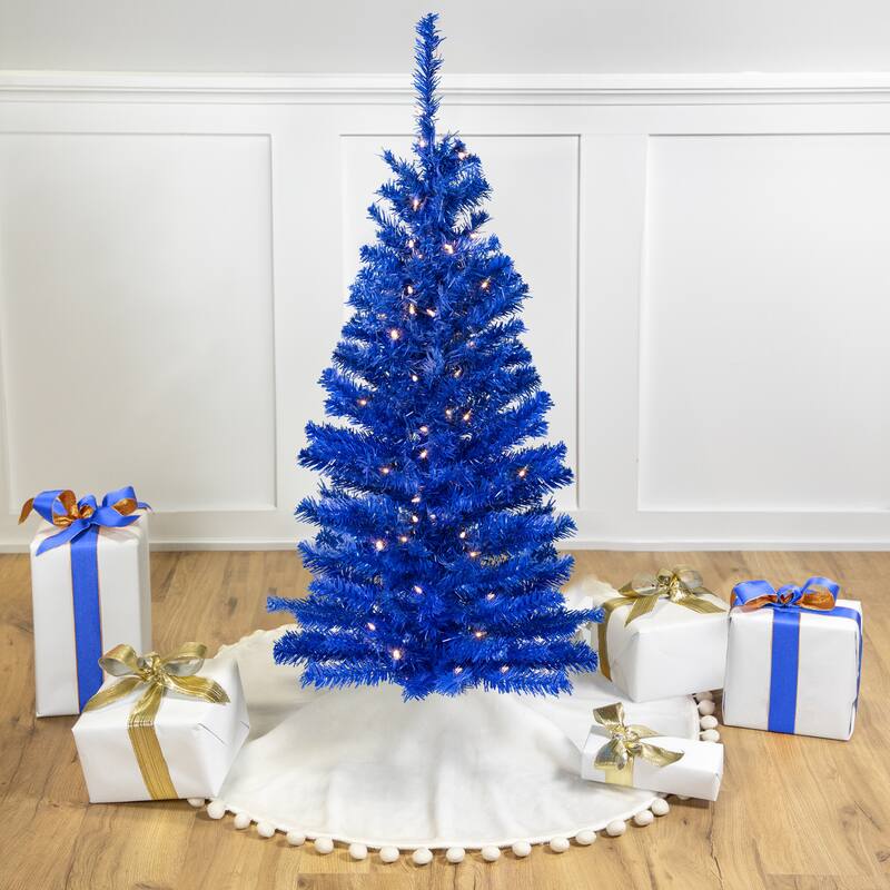 Pre-Lit Medium Artificial Pine Christmas Tree - 4' - Royal Blue - Clear Lights - 4 Foot