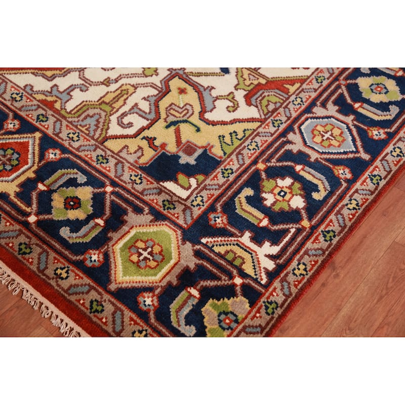Geometric Orange Heriz Serapi Oriental Rug Hand-Knotted Wool Carpet - 9'0" x 11'10"