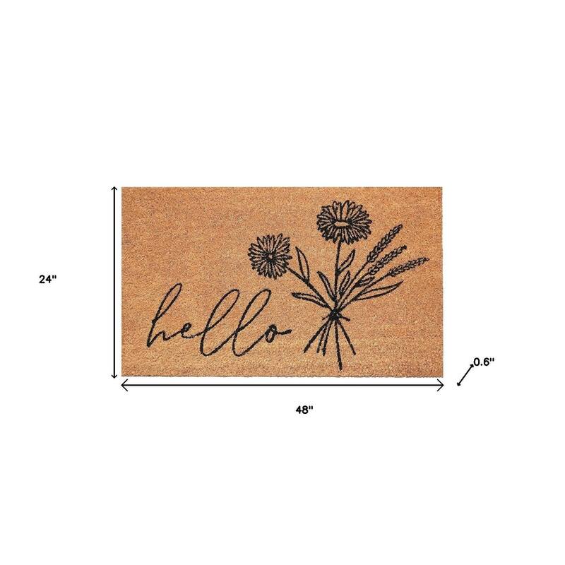 HomeRoots 24" X 48" Brown And Black Floral Hello Outdoor Coir Door Mat - 24.00' X '48.00