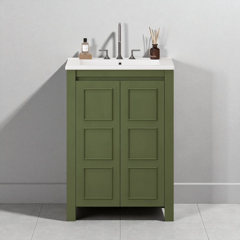 24" Vintage Style Small Bathroom Vanity with Ceramic Sink, 2 Soft-Close Doors, and Adjustable Shelf - Olive Green