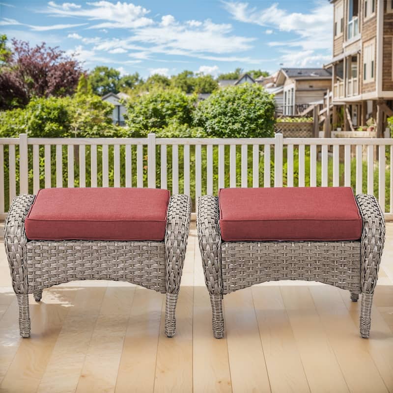 Gymojoy Versatile Outdoor Wicker Ottomans with Soft Cushions