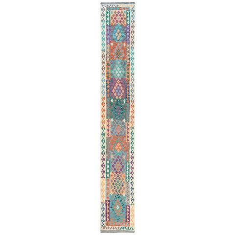 Shahbanu Rugs Colorful Afghan Kilim Geometric Design Wool Hand Woven Veggie Dyes Flat Weave Reversible Runner Rug (2'5"x16'3")