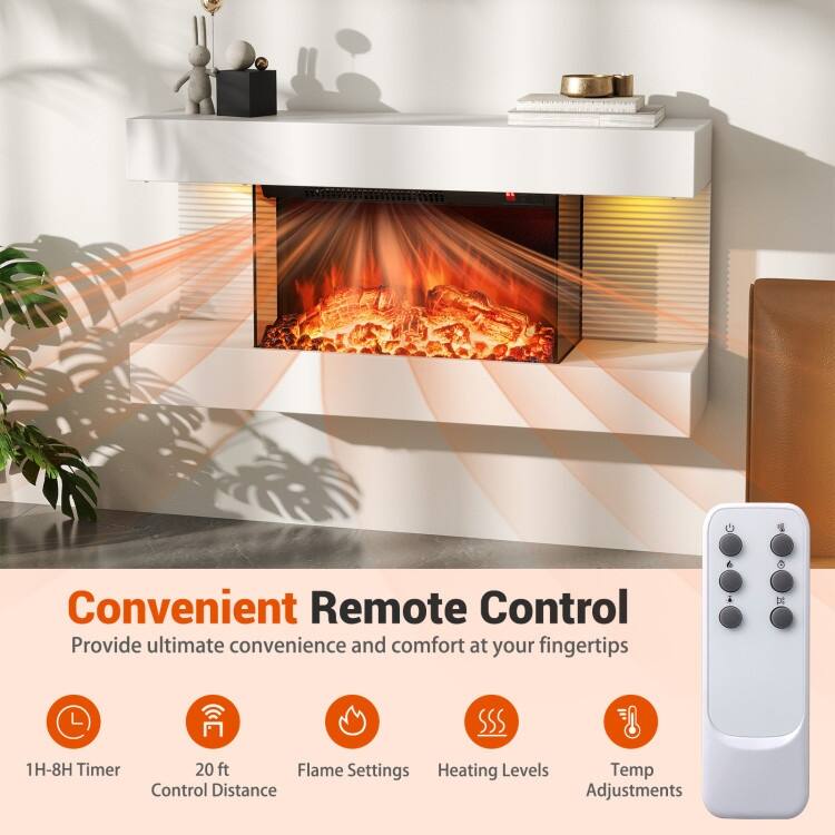 White Wall Mounted Floating Electric Fireplace with and 3-Sided Tempered Glass and Remote Control