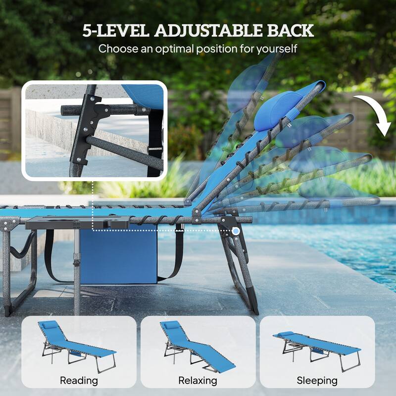 Outsunny Folding Chaise Lounge Chair Outdoor Tanning Chair with Side Table, 5-Level Adjustable Beach Lounge Chair with Headrest