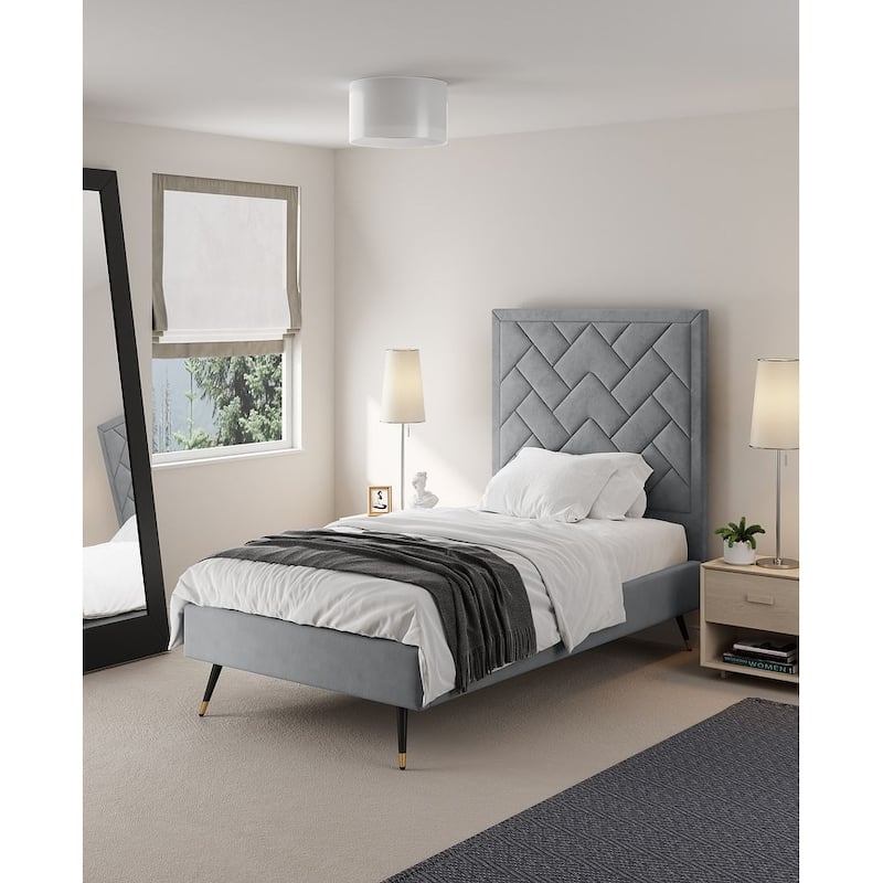 Manhattan Comfort Crosby Modern Velvet Upholstered Bed - Grey - Twin