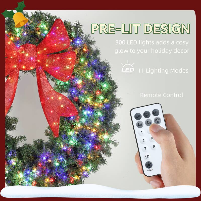 HOMCOM 60in Pre-Lit Wreath: 300 LED, 11 Modes, Remote, 3D Bow, 996 Tips, Indoor/Outdoor
