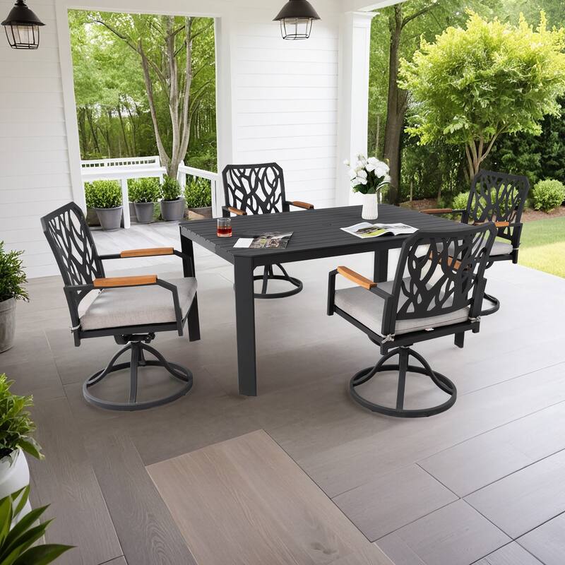 5 Piece All Weather Outdoor Aluminum Rectangular Dining Table Set with 4 Swivel Rocking Chairs