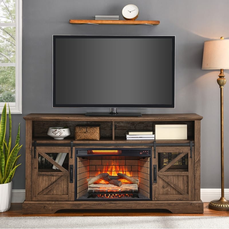 60 Inch Electric Fireplace Entertainment Center With Door Sensor-Reclaimed Barnwood Color