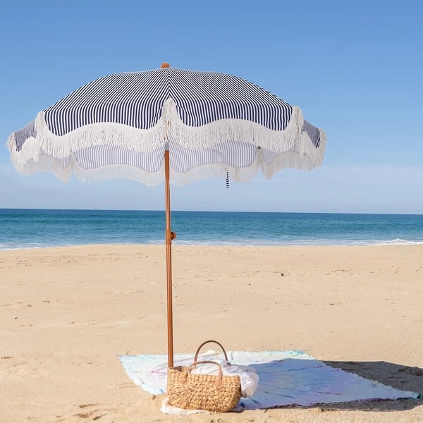 MAISON ARTS 7ft Patio Fringe Umbrella Outdor Tassel Beach Umbrella with Push Botton Tilt UPF50+ - Stripe