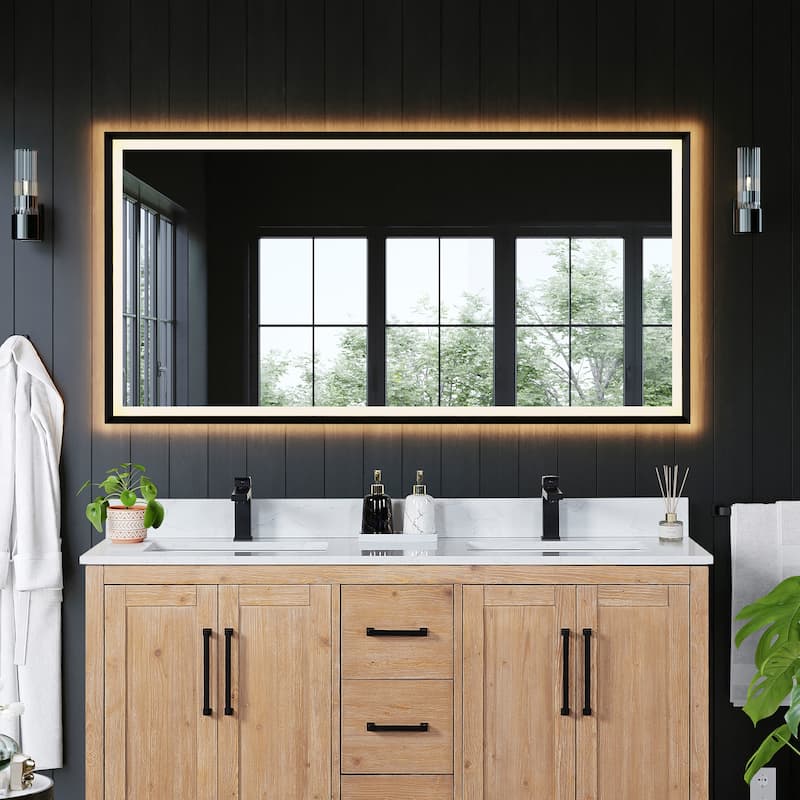Apollo Rectangular Anti-Fog Dimmable Modern Bathroom/Vanity LED Lighted Wall Mirror in Matte Black Aluminum Framed