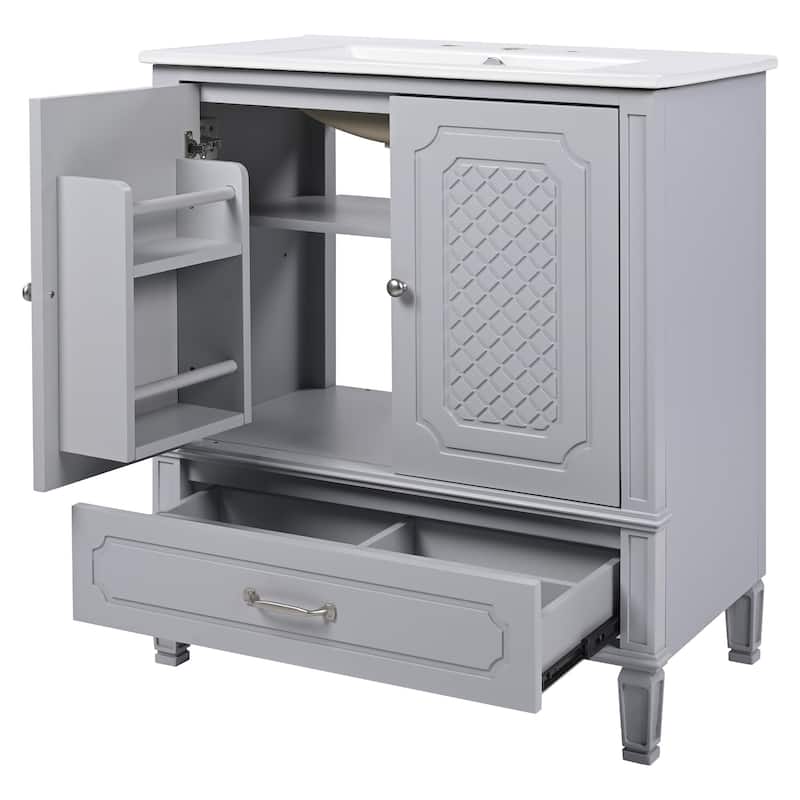 Free Standing Wall Cabinet, 30" Bathroom Vanities with Ceramic Sink, Drawers and Storage Soft-closing Door Shelf