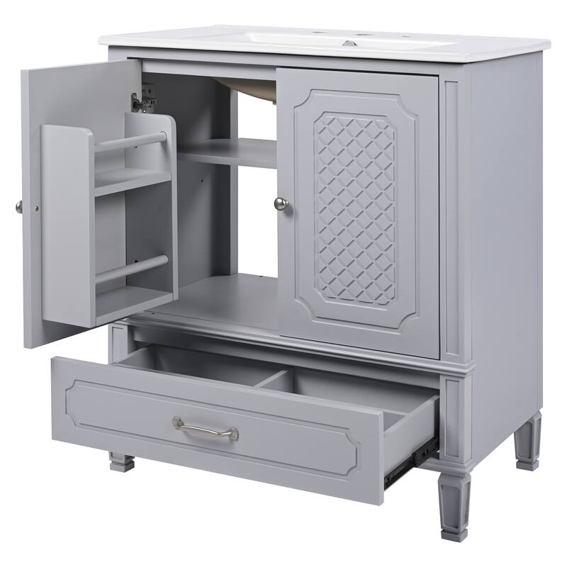 Grey 30-Inch Freestanding Vanity Cabinet with Sink, Adjustable Shelf, Storage Drawer, and Painted Finish