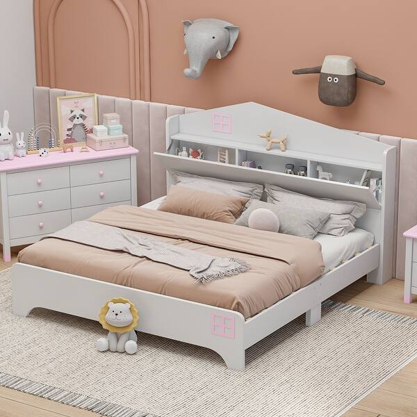 slide 2 of 11, Full Size Wooden House Bed with Hidden Headboard Storage and Shelf, Fun and Functional Platform Frame for Kids Bedroom White