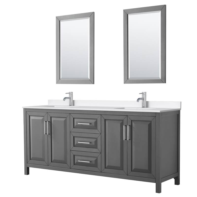 Daria 80-inch Double Vanity, Single Hole Quartz Top, 24-inch Mirrors - Dark Gray, Chrome Trim, White Quartz Top