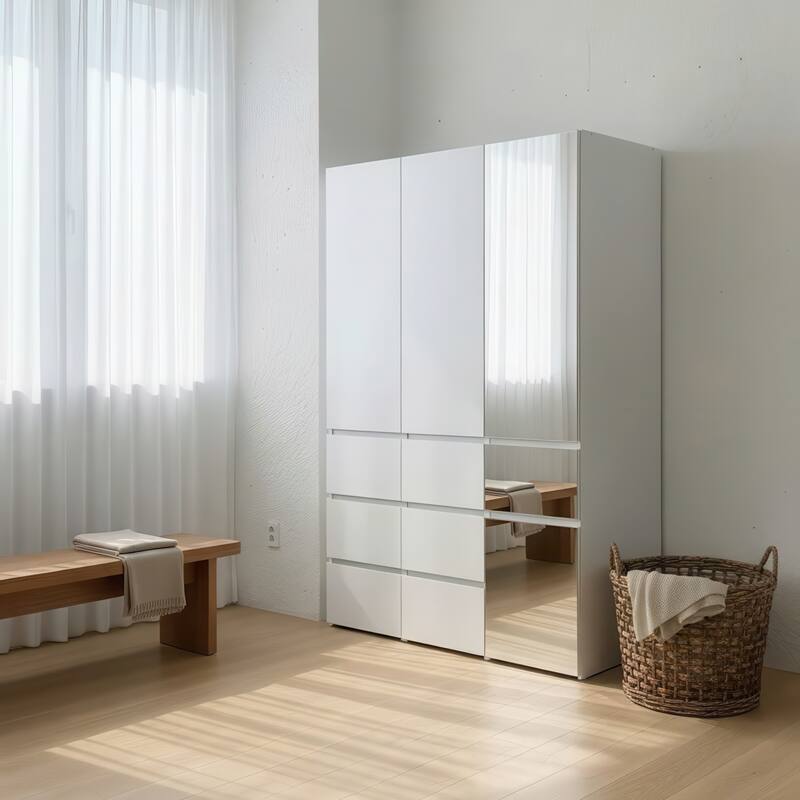 Elise Modular Wood Closet System with Mirror in White - 47.1"D x 17.72"W x 70.9"H