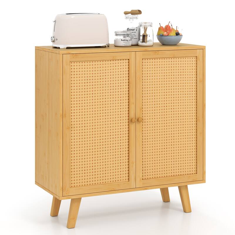 Gymax Bamboo Buffet Cabinet w/ PE Rattan Doors Freestanding Kitchen - Natural