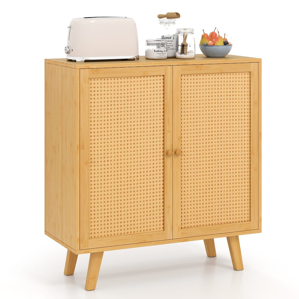 Gymax Bamboo Buffet Cabinet w/ PE Rattan Doors Freestanding Kitchen