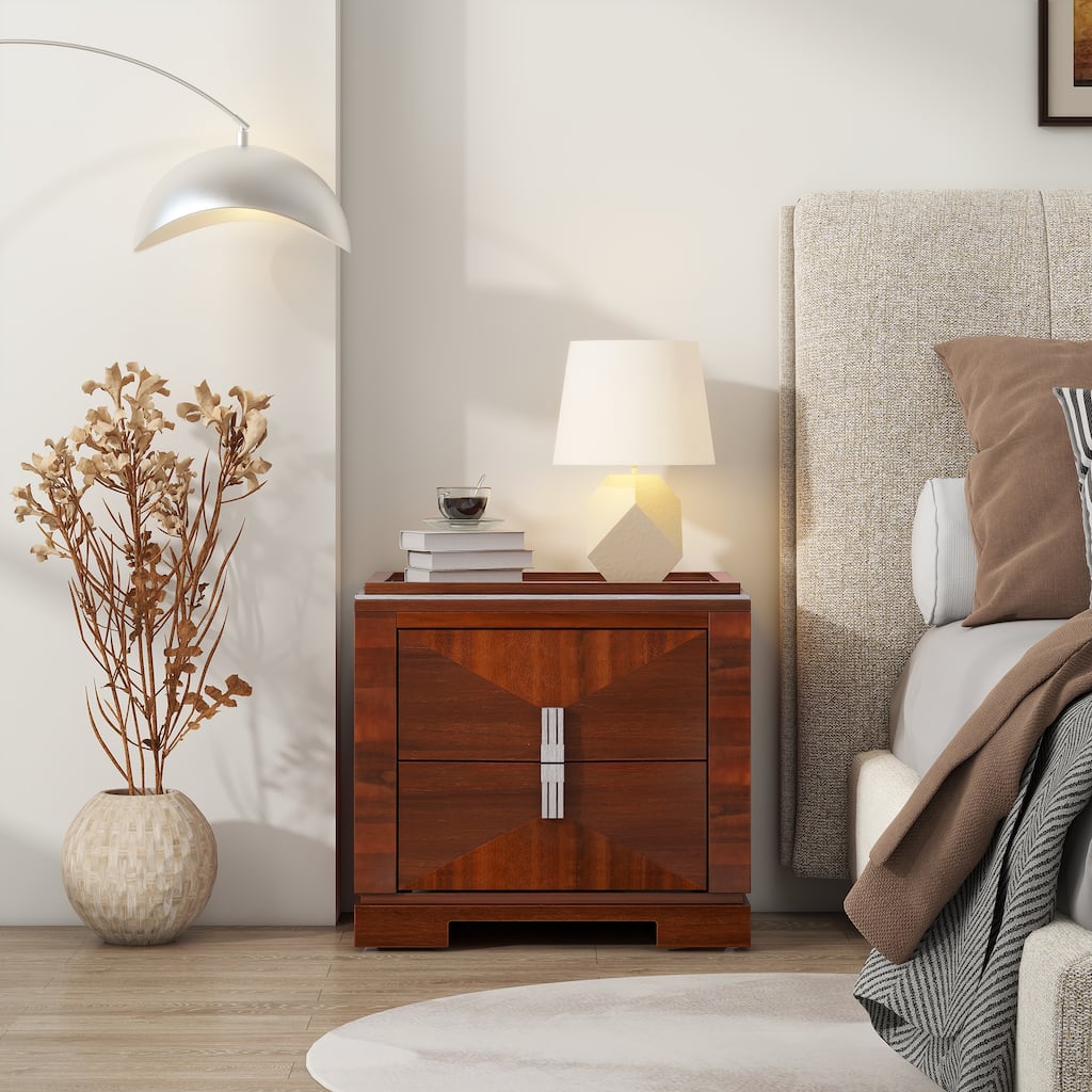 Sofa Side Table End Table with Storage Drawers, Dark Brown Nightstand File Cabinet Dressing Table Lamp Table