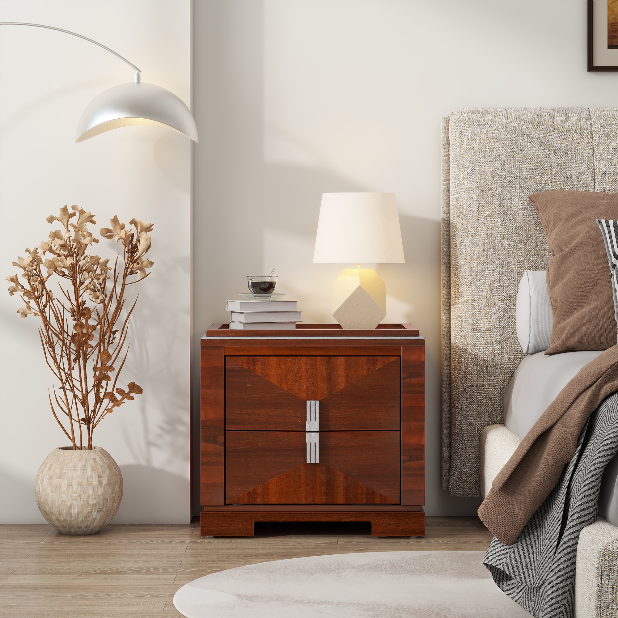 Sofa Side Table End Table with Storage Drawers, Dark Brown Nightstand File Cabinet Dressing Table Lamp Table