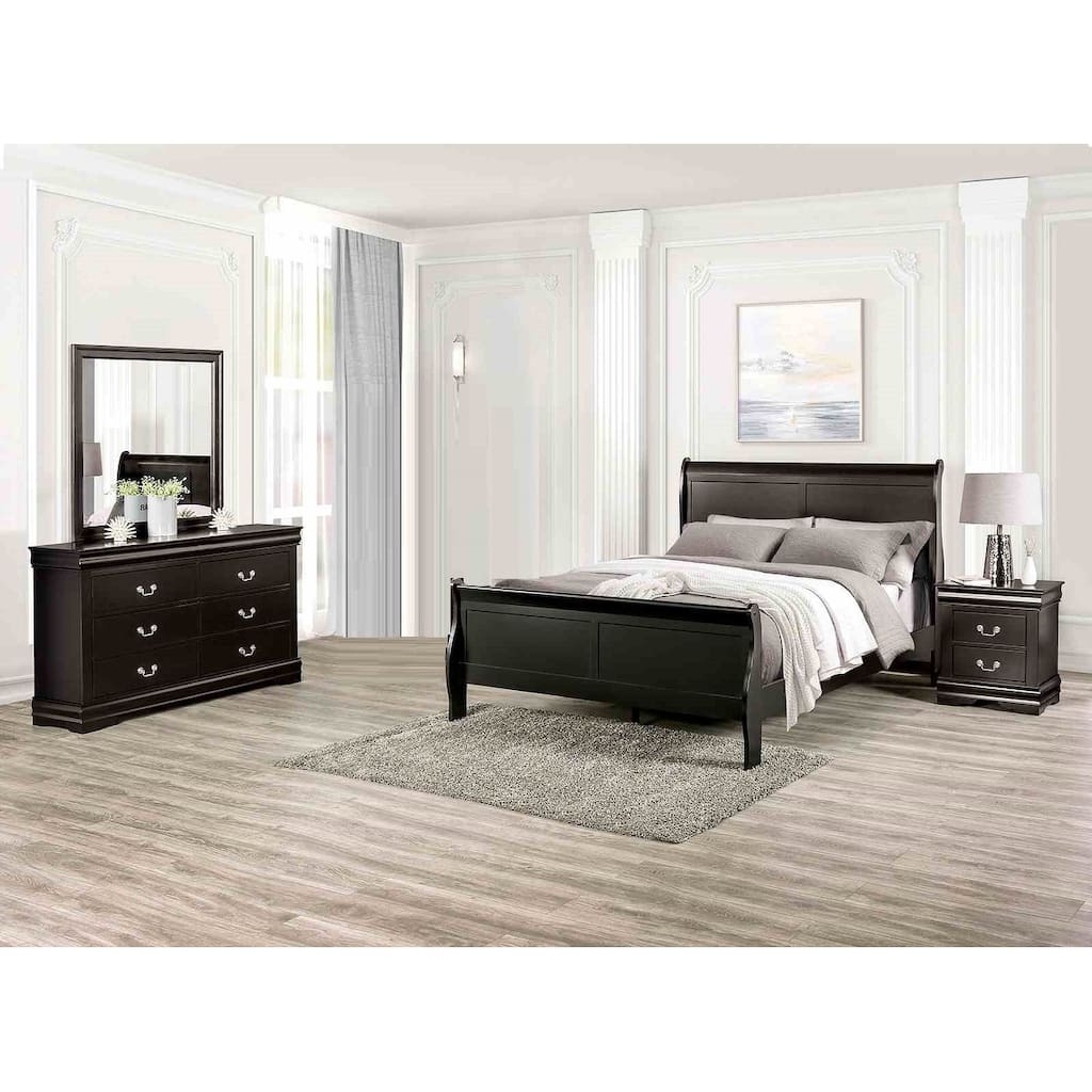 Transitional Black Finish Sleigh Design 4pc Bedroom Set Bed Dresser Mirror Nightstand