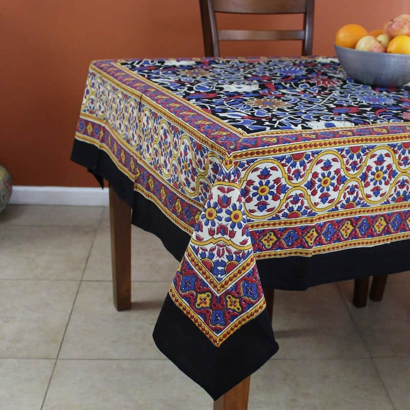 Cotton Blossoming Sunflower Floral Tablecloth Collection - 60 x 60 square - Black Red Yellow