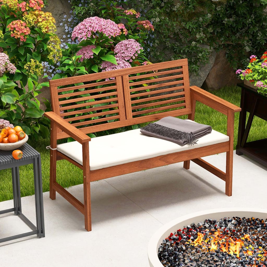 Outdoor Bench Patio Bench Conversation Loveseat w/ Slatted Back & Seat