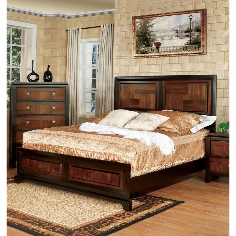 Transitional Queen Size Bed Acacia / Walnut Solidwood 1pcs Bed Bedroom Furniture Parquet Design Headboard And Footboard Bedframe - Walnut