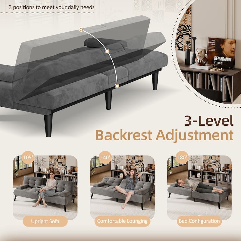 3-in-1 Convertible Sofa Bed with Folding Cup Holders & Adjustable Backrest – Modern Futon with Removable Armrests