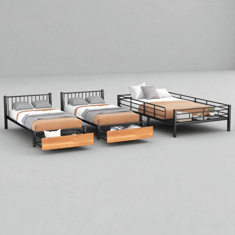 Full Over Twin & Twin Metal Triple Bunk Bed with Guardrails, Storage Drawers and Shelf, Convertible to 3 Beds