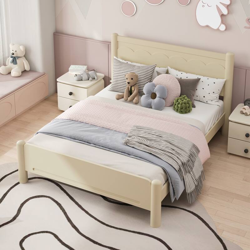 Queen Size Wood Bed Frame,Wood Platform Bed with Headboard,Solid Wood Legs - Beige