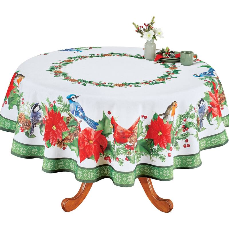 Birds Poinsettia Festive Printed Tablecloth