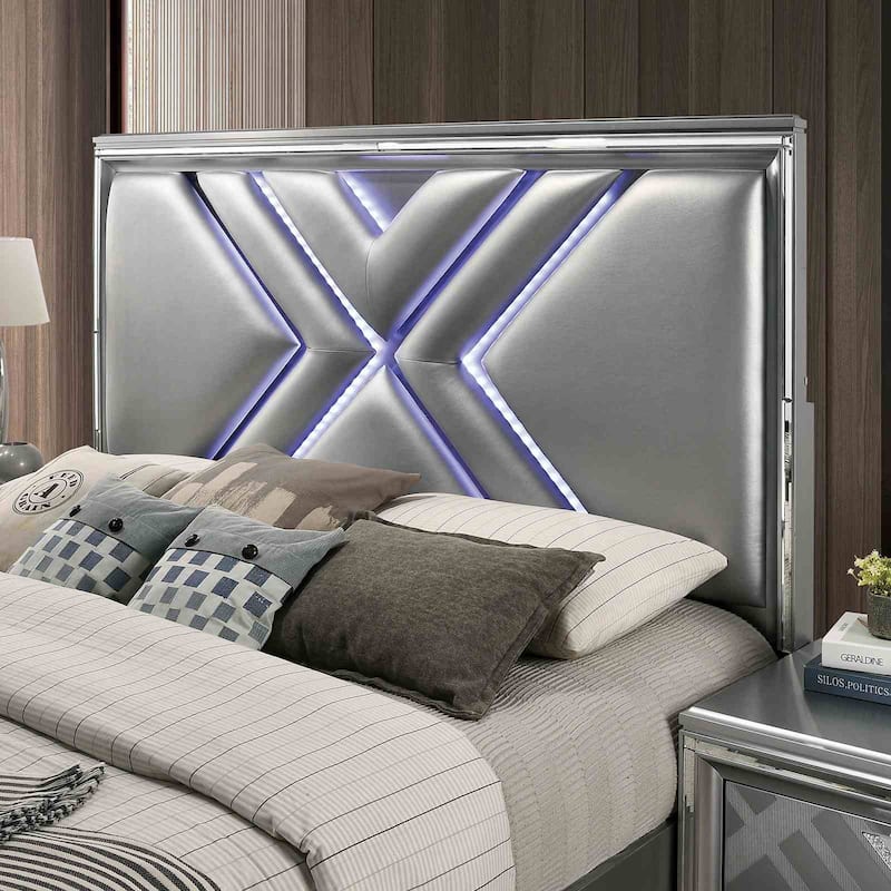 Modern Silver Finish 1PC LED Footboard Drawers Bed