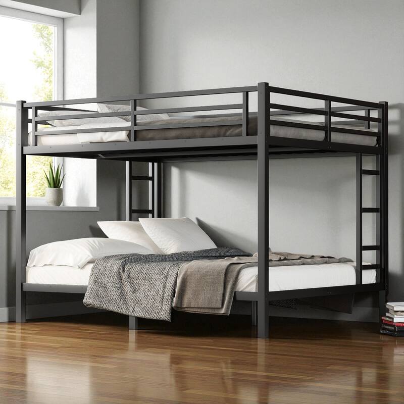 Metal Queen over Queen Bunk Bed for Adults and Teens, Heavy-Duty Noise-Free Frame with Dual Ladders and Storage - Black - Queen