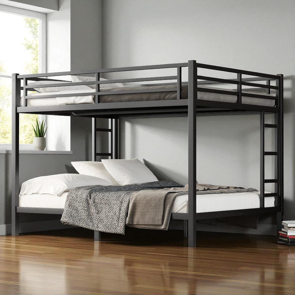 Metal Queen over Queen Bunk Bed for Adults and Teens, Heavy-Duty Noise-Free Frame with Dual Ladders and Storage