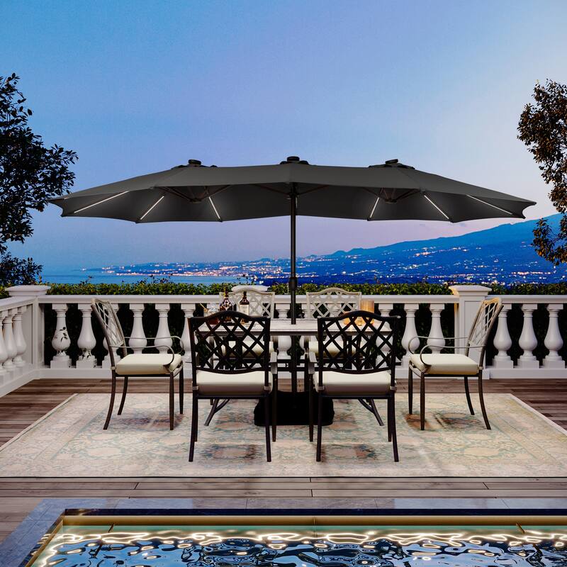 Clihome 15Ft Outdoor Solar Lights Rectangular Crank Market Umbrella, with Base