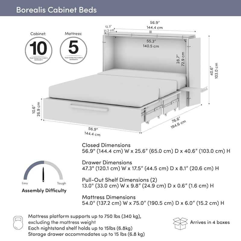 Bestar Borealis 57W Full Murphy Cabinet Bed with Drawer and Mattress