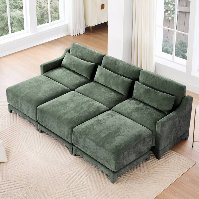 105.9" Chenille Ergonomic 3-Seater Sofa with 3 Ottomans & Lumbar Support