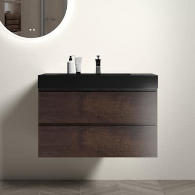 36" Large Storage Wall Mounted Floating Bathroom Vanity for Modern Bathroom, Black Sink Basin without Drain and Faucet, Walnut