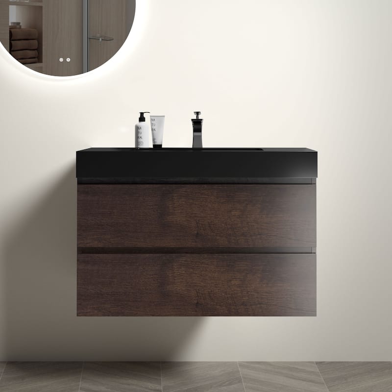 GDFStudio - Naomi Modern Floating Bathroom Vanity with Silent Drawers and Pre-Assembled One-Piece Sink - Walnut+Black - 36"