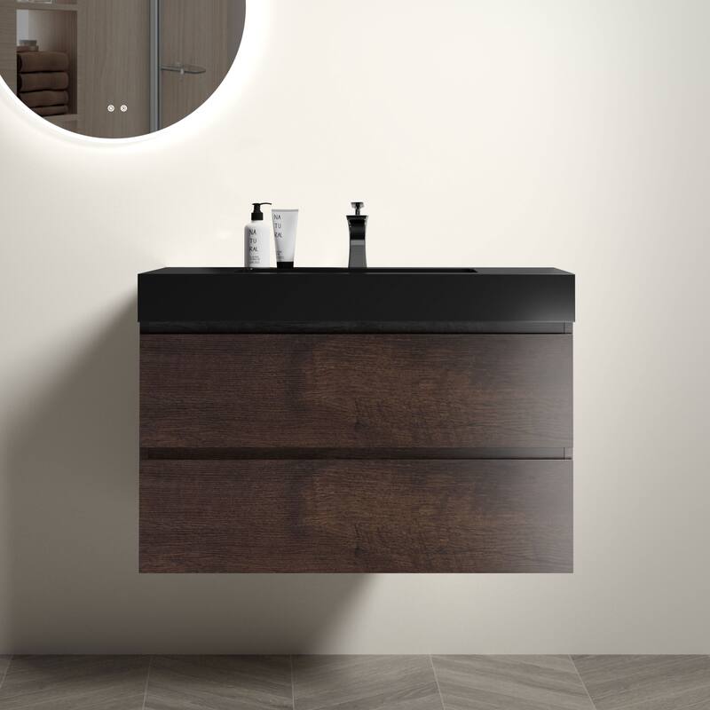 Modern Large Storage Wall Mounted Bathroom Vanity with Sink Basin without Drain and Faucet - Walnut+black