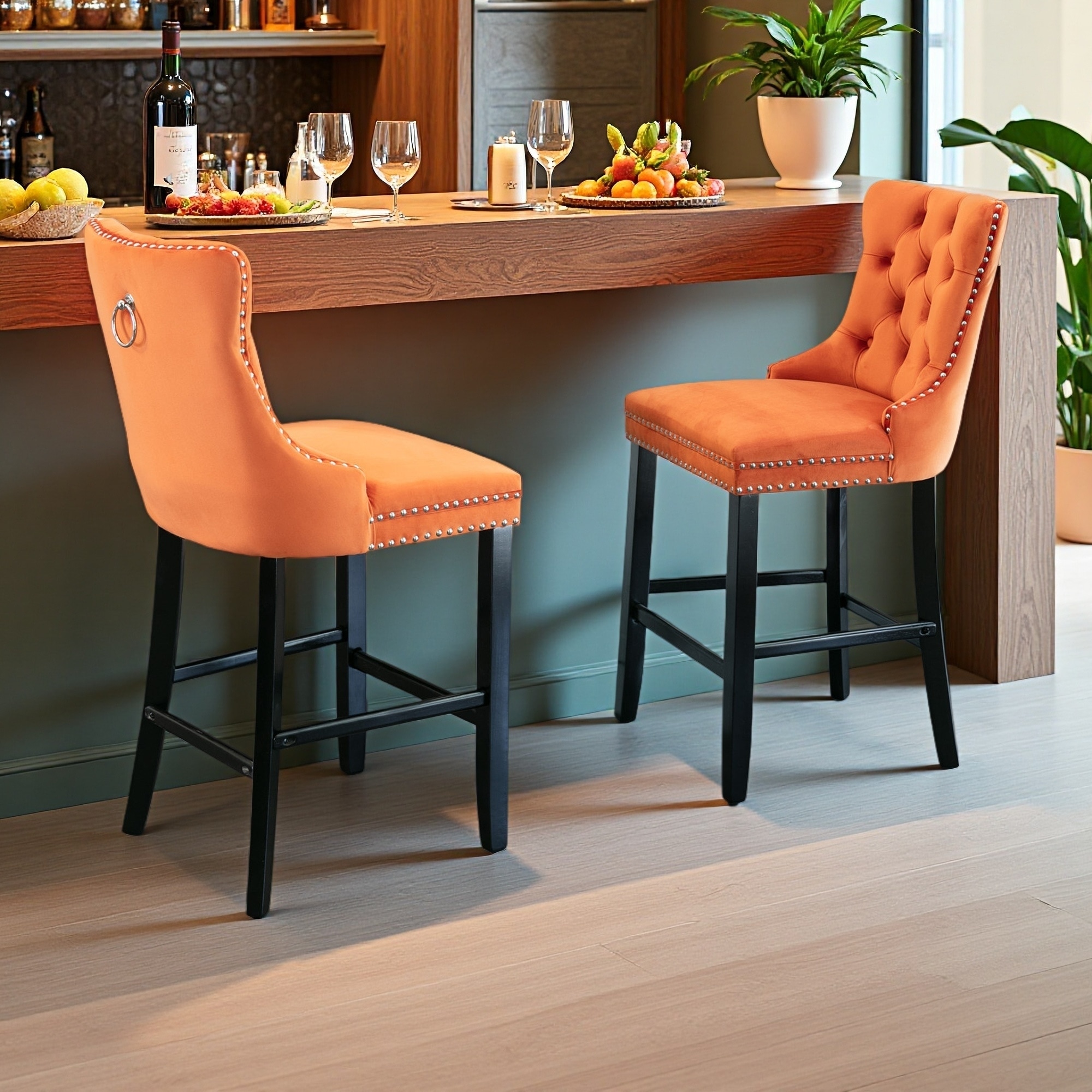 40.7"H Set of 2 Velvet Tufted Bar Stools with Nailhead Trim & Solid Wood Legs