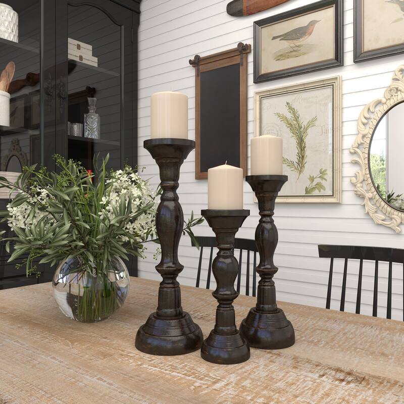 Black Mango Wood Farmhouse Candle Holder (Set of 3) - S/3 18", 15", 12"H