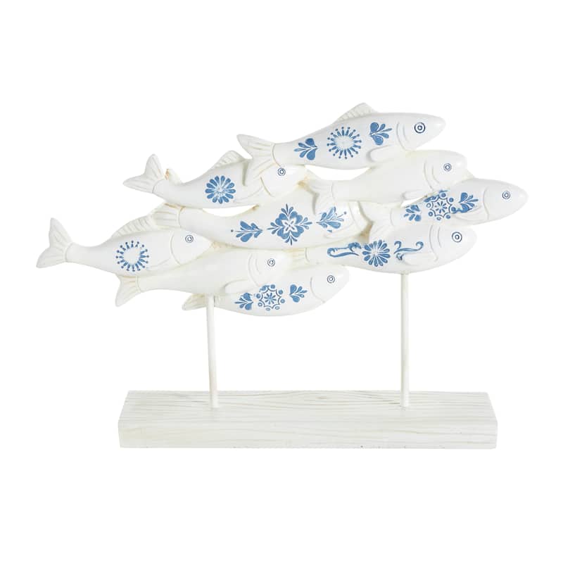 White Polystone Fish Decorative Sculpture with Blue Floral Patterns and Stand