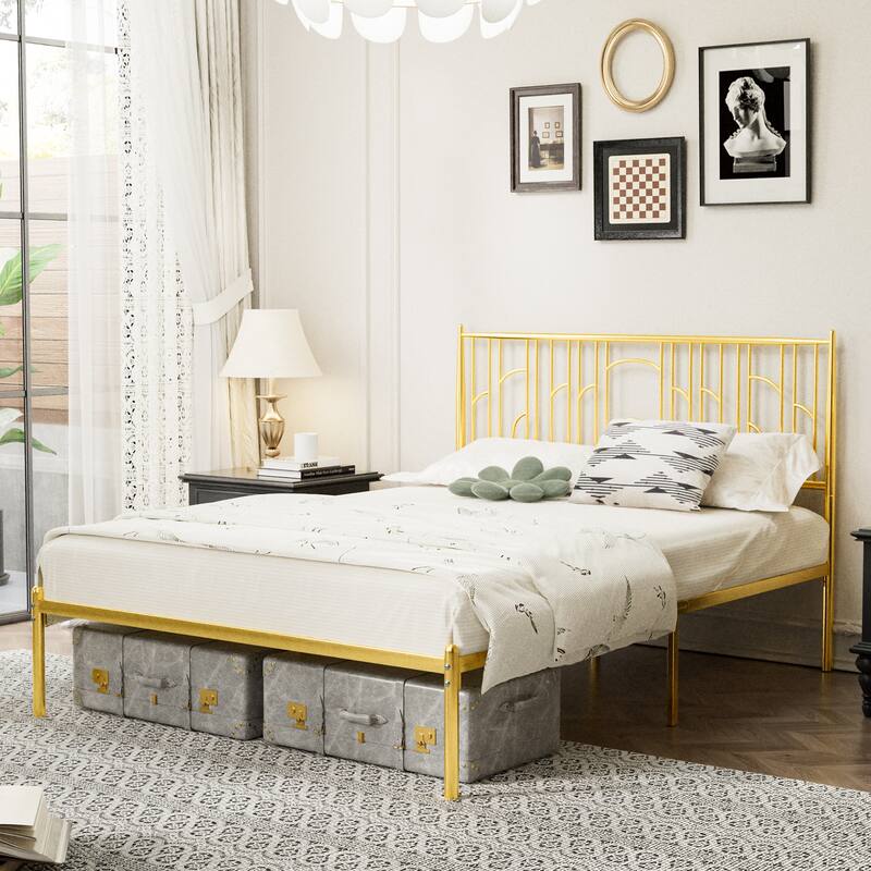 Classic Queen Size Metal Platform Bed Frame with Iron-Art Headboard, Underbed Storage & Noise-Free Design - Gold